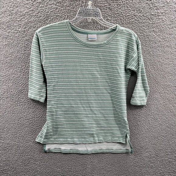 Columbia Womens Top Small Green White Striped‎ Short Sleeve Pullover Shirt - Picture 1 of 8